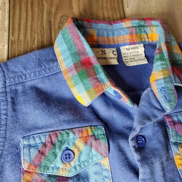 INC Boys Blue and Rainbow Plaid Button Down Shirt Size 12m 100% Cotton - Picture 8 of 9